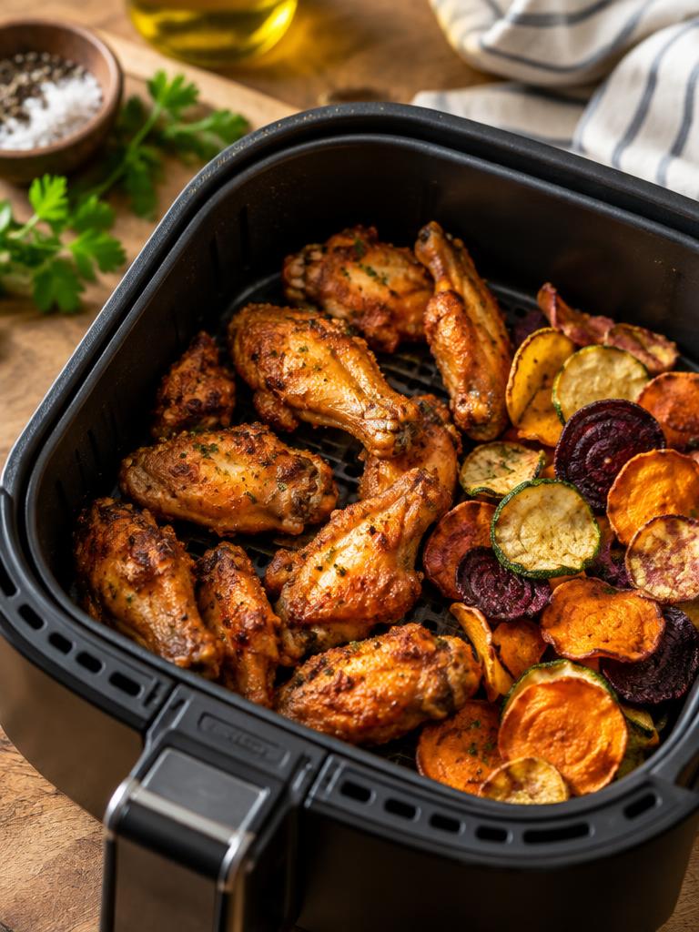 Crispy air-fried chicken wings and vegetable chips in an air fryer basket