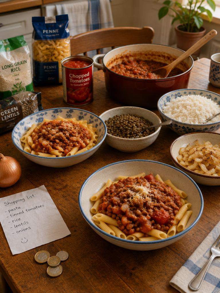 Simple budget family dinner of pasta, rice and lentils on a kitchen table