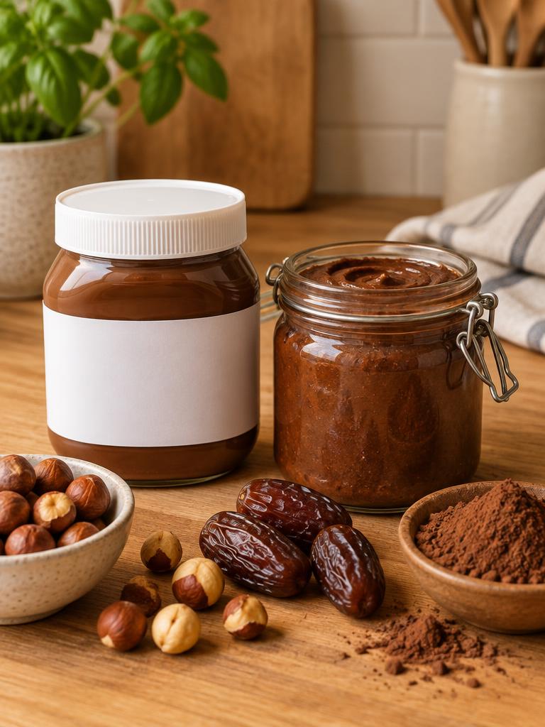 A shop-bought spread beside a homemade healthier version with nuts and cocoa