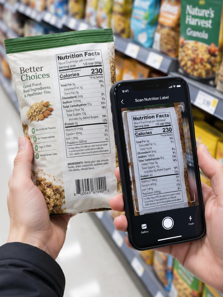 A phone scanning the nutrition label on a food packet in a shop