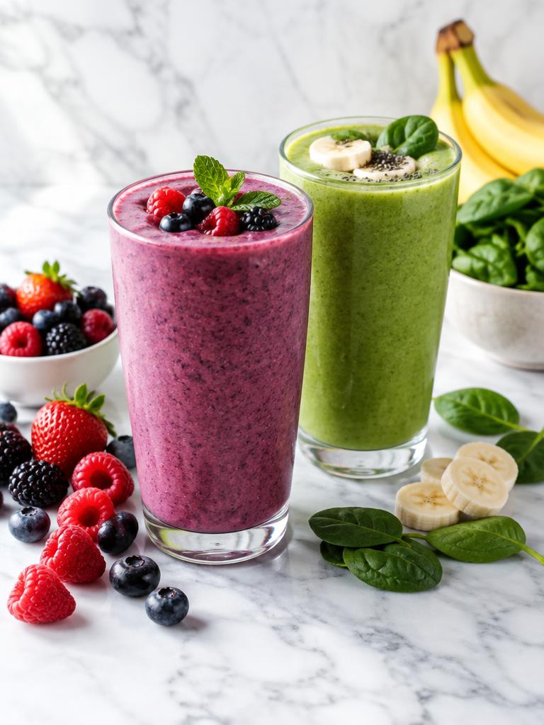Berry and green smoothies in tall glasses with fresh fruit